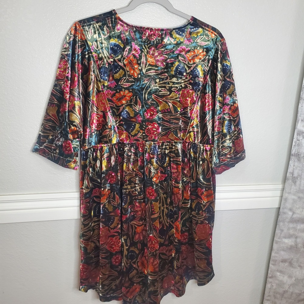 Natural Life Velvet Floral V-Neck Mini Dress Multi-Color Boho Bell Sleeve Small - Picture 4 of 10
